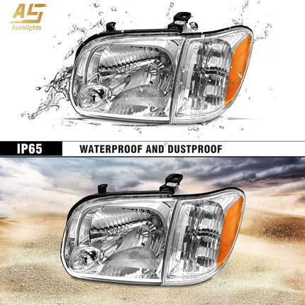AS Headlight Assembly Compatible with2005 2006 Toyota Tundra Double/Crew Cab and 200-2007 Sequoia Headlamp Chrome Housing Driver and Passenger Side(Not compatible with Regular Cab and Access Cab)