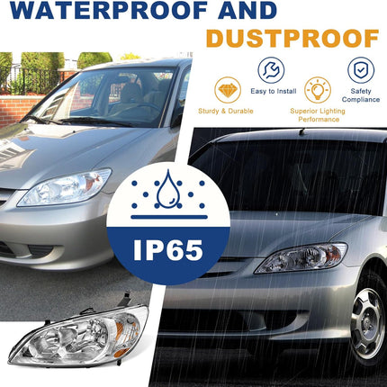AS Headliaght Assembly Compatible with 04 05 2004 2005 Honda Civic Headlamp with Chrome Housing Amber Reflector Driver and Passenger Side
