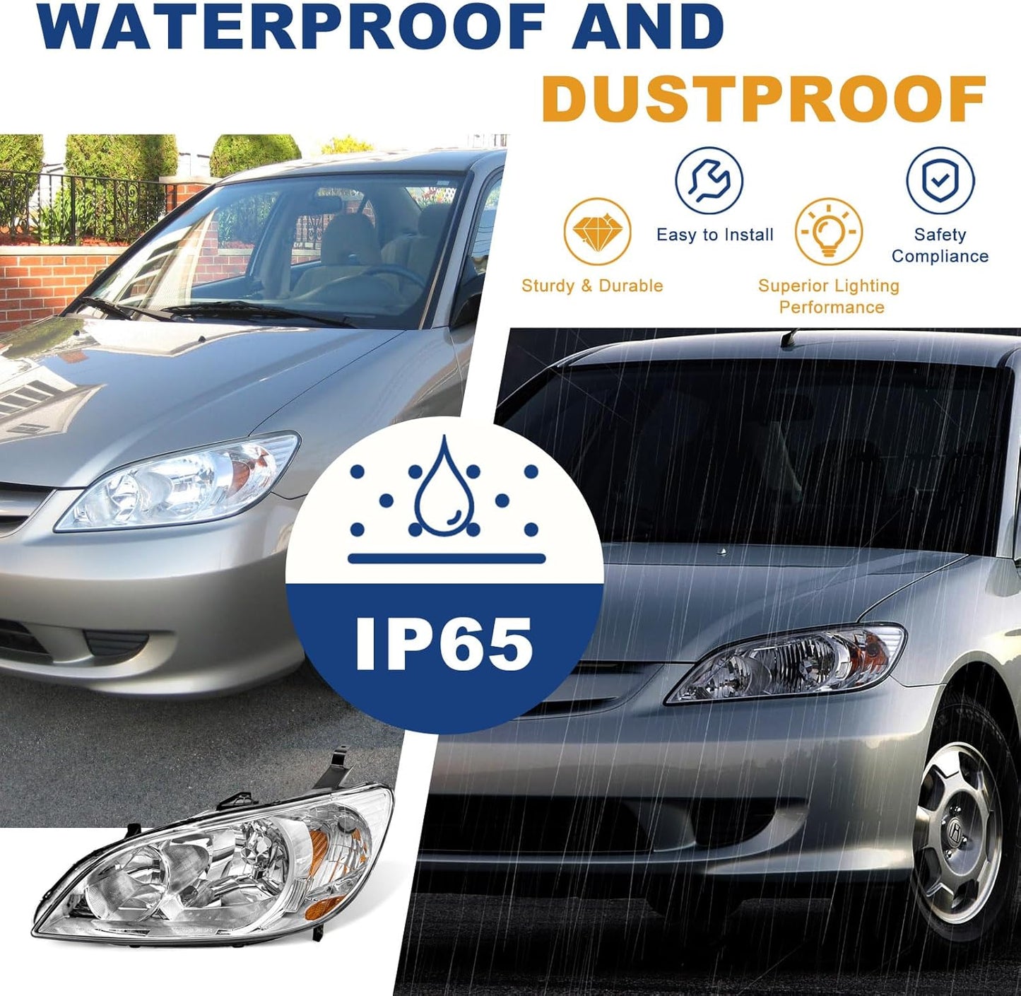 AS Headliaght Assembly Compatible with 04 05 2004 2005 Honda Civic Headlamp with Chrome Housing Amber Reflector Driver and Passenger Side