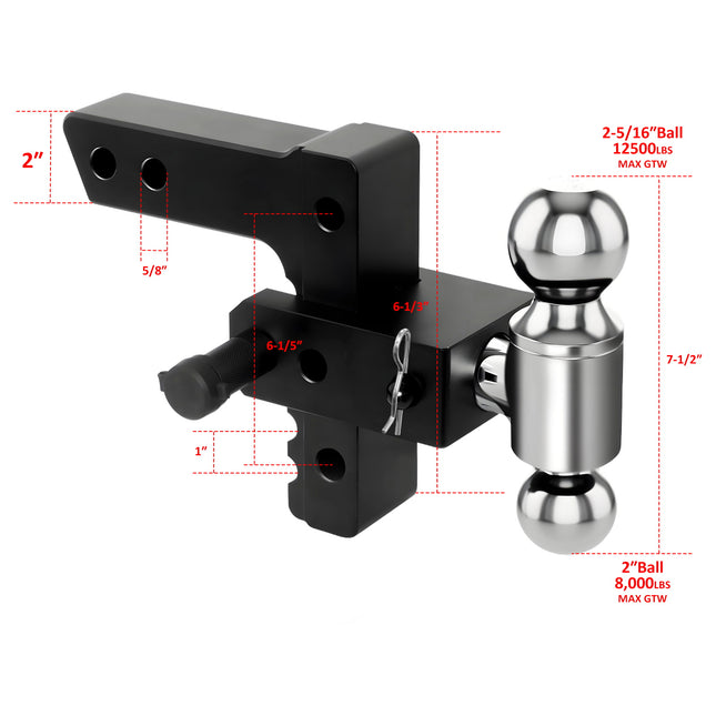 Adjustable Trailer Mount with 2" and 2-5/16" Ball, Fit 2 Inch Receiver, 6 Inch Drop/Rise Aluminum Hitch