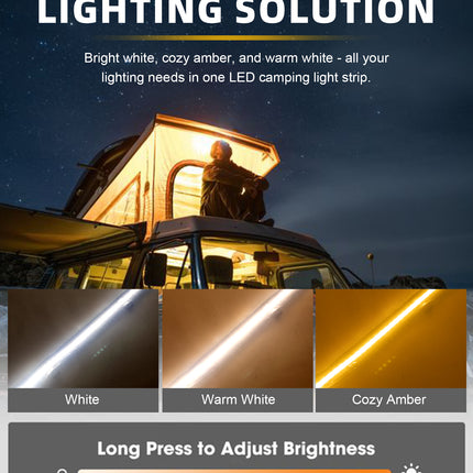 4FT 12V Led Light Strip Waterproof IP67, Dimmable Camping Awning Lights with 140 SMD 2835 LED Chips, Multi-Functional Use for RV, Car Tent, Camping, White/Warm White/Amber