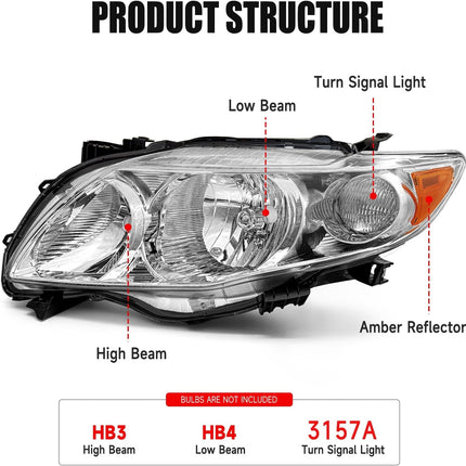 Headlight Assembly for 2009 2010 Toyota Corolla Pair