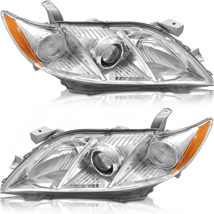 AS 2007 2008 2009 Toyota Camry Headlight Assembly Headlamps for 07 08 09 Camry Exclude Hybrid Projector Left and Right Pair - Chrome Housing Clear Len
