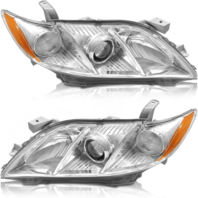 AS 2007 2008 2009 Toyota Camry Headlight Assembly Headlamps for 07 08 09 Camry Exclude Hybrid Projector Left and Right Pair - Chrome Housing Clear Len