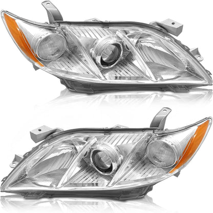 AS 2007 2008 2009 Toyota Camry Headlight Assembly Headlamps for 07 08 09 Camry Exclude Hybrid Projector Left and Right Pair - Chrome Housing Clear Len