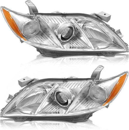 AS 2007 2008 2009 Toyota Camry Headlight Assembly Headlamps for 07 08 09 Camry Exclude Hybrid Projector Left and Right Pair - Chrome Housing Clear Len