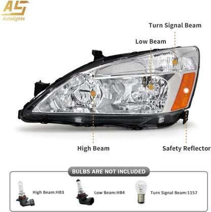 AS For 2003 2004 2005 2006 2007 Honda Accord Headlight Assembly Compatible with 2003 2004 2005 2006 2007 Accord Headlamp OE Replacement Chrome Housing Amber Reflector Pair