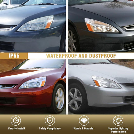 AS For 2003 2004 2005 2006 2007 Honda Accord Headlight Assembly Compatible with 2003 2004 2005 2006 2007 Accord Headlamp OE Replacement Chrome Housing Amber Reflector Pair