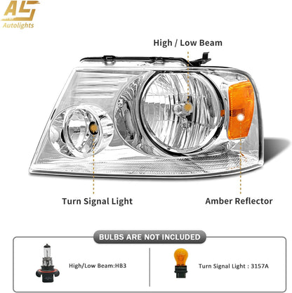 AS Headlight Assembly for 2004 2005 2006 2007 2008 Ford F150/ 2006 2007 2008 Lincoln Mark LT Headlamp with Chrome Housing Amber Reflector Driver and Passenger Side