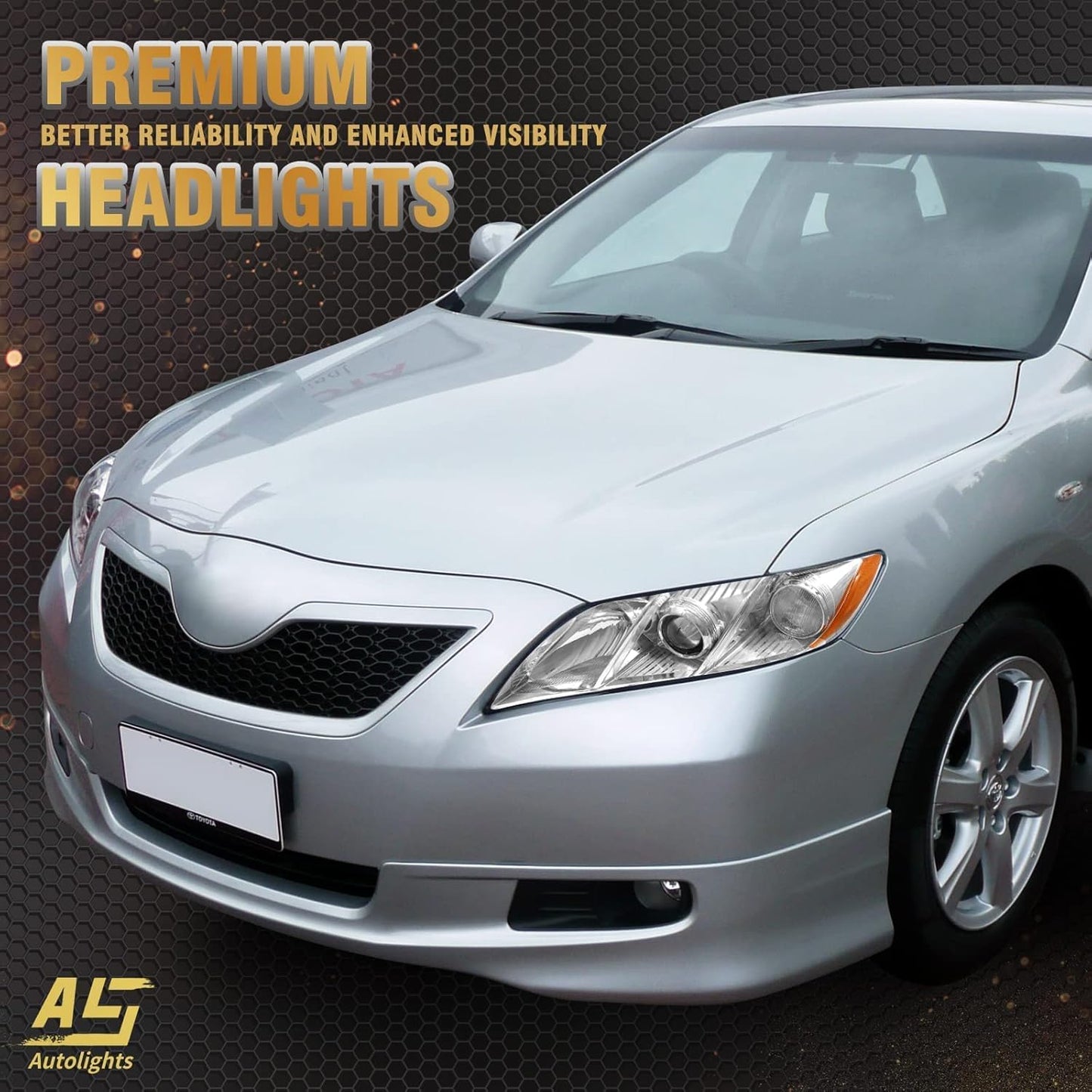 AS 2007 2008 2009 Toyota Camry Headlight Assembly Headlamps for 07 08 09 Camry Exclude Hybrid Projector Left and Right Pair - Chrome Housing Clear Len