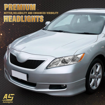 AS 2007 2008 2009 Toyota Camry Headlight Assembly Headlamps for 07 08 09 Camry Exclude Hybrid Projector Left and Right Pair - Chrome Housing Clear Len