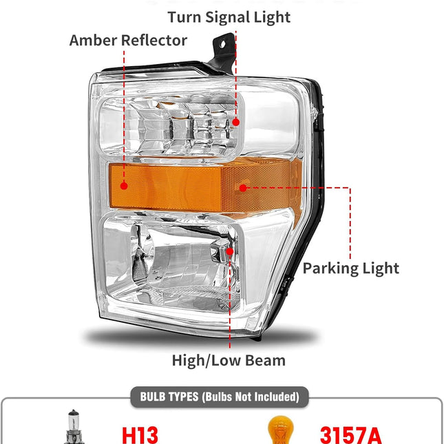 Headlight Assembly for 2008-2010 Ford F250 F350 F450 Super Duty, Pair