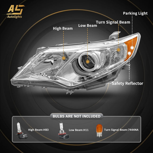 AS Headlights Assembly for 2012 2013 2014 Toyota Camry L/Se/Le/Xle/Hybrid Chrome Housing Amber Reflector Clear Lens Driver and Passenger Side