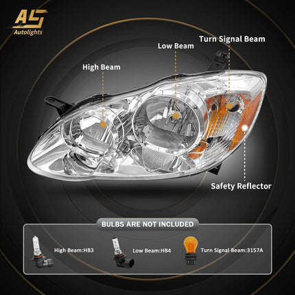 AS 2003 2004 2005 2006 2007 2008 Toyota Corolla Headlight Assembly Headlights for 03 04 05 06 07 08 Corolla Chrome Housing Amber Reflector Clear Lens Passenger Driver Pair
