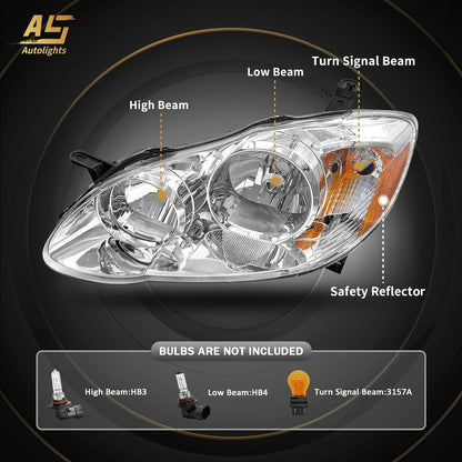AS 2003 2004 2005 2006 2007 2008 Toyota Corolla Headlight Assembly Headlights for 03 04 05 06 07 08 Corolla Chrome Housing Amber Reflector Clear Lens Passenger Driver Pair