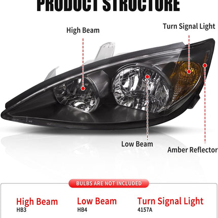 Headlight Assembly for 2002 2003 2004 Camry Black Pair