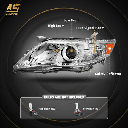 AS 2010 2011 Toyota Camry Headlight Assembly Replacement for 2010 2011 Toyota Camry Base/LE/XLE Sedan Projector Chrome Housing Amber Reflector Clear Lens Pai
