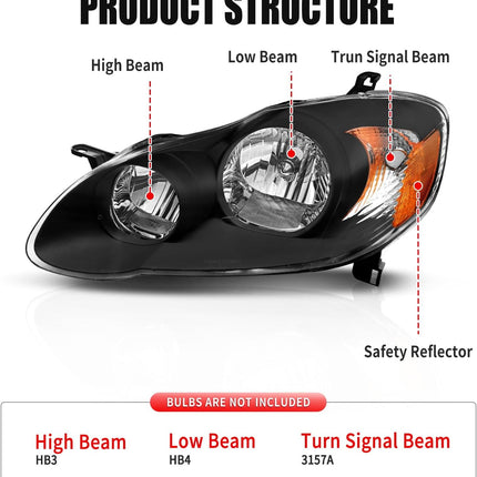 Headlight Assembly for 2003-2008 Toyota Corolla Pair