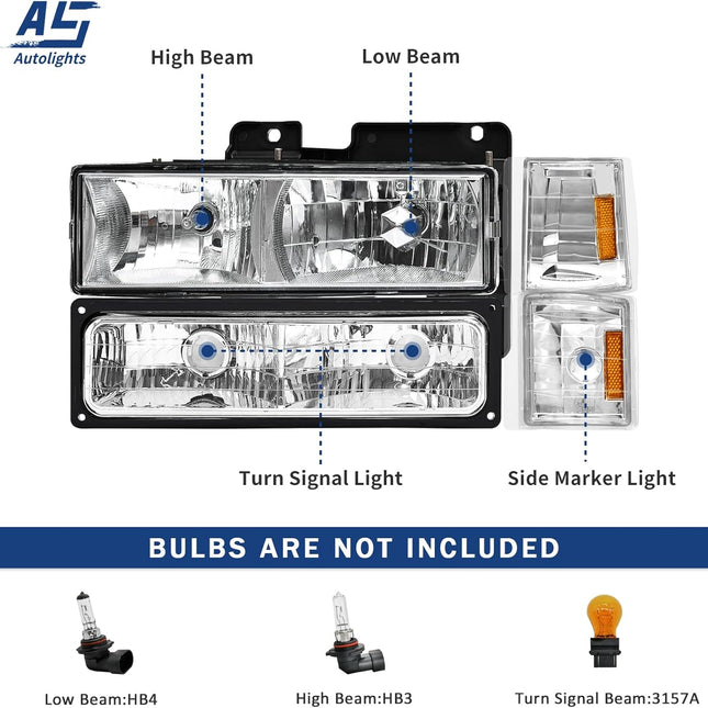 AS Headlight Assembly for 1994 - 1998 GMC C10 Pick Up Sierra Suburban Yukon Chrome Housing with Amber Reflector Headlamp Replacement