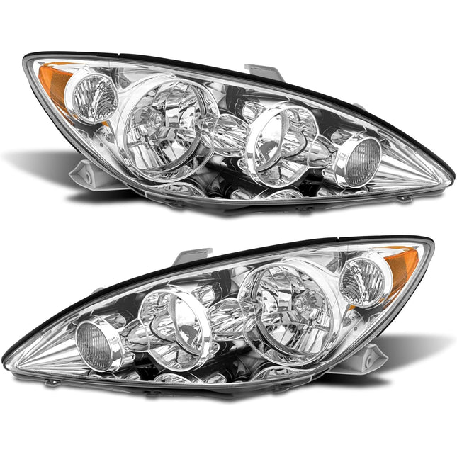 AS Headlights Assembly Compatible with 2005 2006 Toyota Camry Headlamp with Chrome Housing Amber Reflector Driver and Passenger Side (NOT FIT Solara Models)
