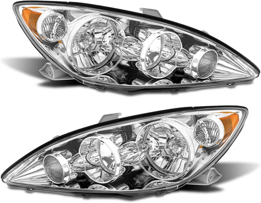 AS Headlights Assembly Compatible with 2005 2006 Toyota Camry Headlamp with Chrome Housing Amber Reflector Driver and Passenger Side (NOT FIT Solara Models)