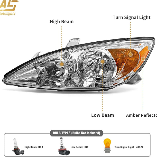 AS Headlight Assembly Compatible with 2002 2003 2004 TOYOTA CAMRY Headlight Chrome Housing Amber Reflector Clear Lens Driver and Passenger Side Pair Not Fit Solora Models