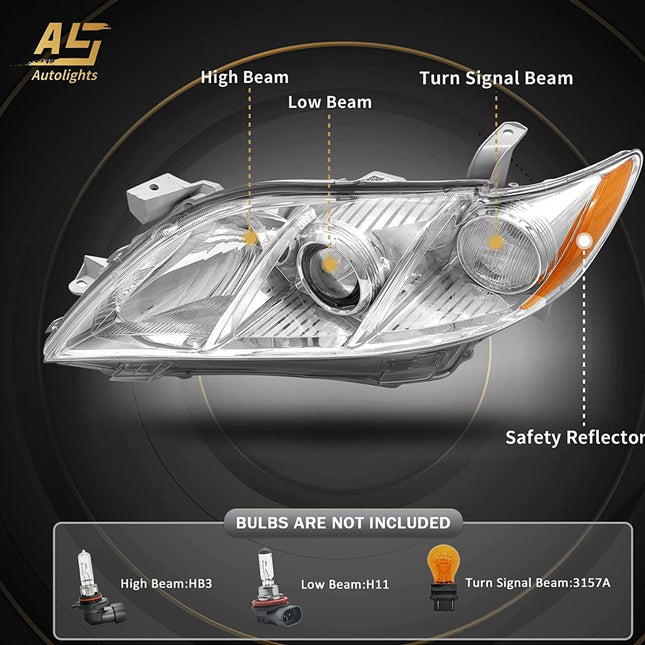 AS 2007 2008 2009 Toyota Camry Headlight Assembly Headlamps for 07 08 09 Camry Exclude Hybrid Projector Left and Right Pair - Chrome Housing Clear Len