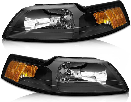 AS AUTOLIGHTS 1999 2000 2001 2002 2003 2004 Ford Mustang Headlight Assembly Replacement for 99 00 01 02 03 04 Ford Mustang with Black Housing Amber Reflector Clear Lens Pair 3R3Z13008CA/3R3Z13008DA