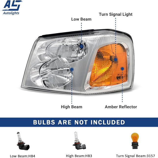 TopAutoGear Headlights for 2002-2009 GMC Envoy Clear Lens Chrome Housing Amber