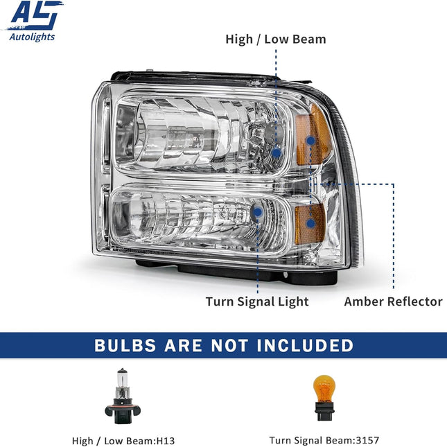AS Headlight Assembly Compatible with 2005 2006 2007 05 06 07 Ford F250 F350 F450 F550 Headlamp Passenger & Driver Side, Chorme Housing with Amber Reflector