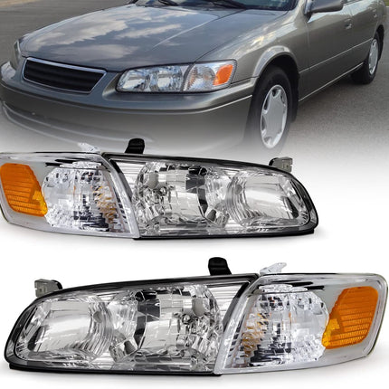 AS Headlight Assembly Compatible with 2000-2001 TOYOTA CAMRY Headlamp Chrome Housing Amber Reflector Clear Lens Driver and Passenger Side