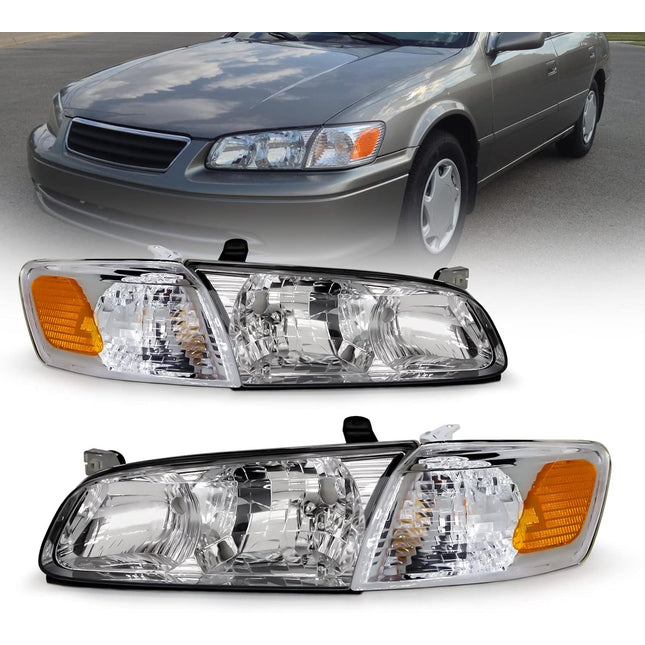 AS Headlight Assembly Compatible with 2000-2001 TOYOTA CAMRY Headlamp Chrome Housing Amber Reflector Clear Lens Driver and Passenger Side