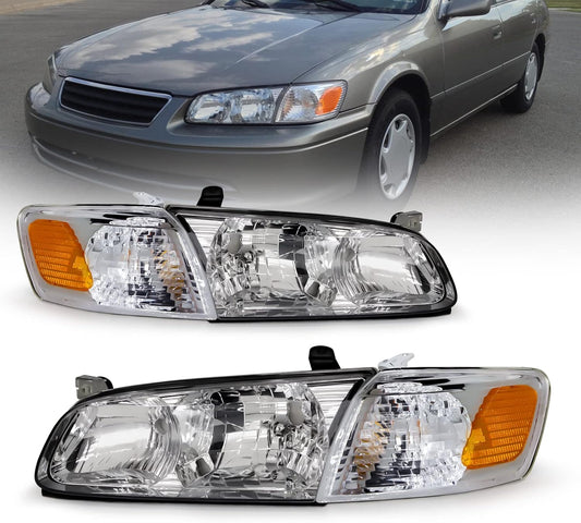 AS Headlight Assembly Compatible with 2000-2001 TOYOTA CAMRY Headlamp Chrome Housing Amber Reflector Clear Lens Driver and Passenger Side