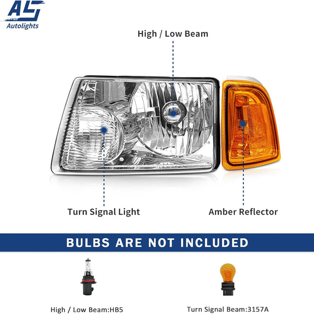 AS For 2001 2002 2003 2004 2005 2006 2007 2008 2009 2010 2011 Ford Ranger Headlight Assembly with Clear Lens Chrome Housing Large Amber Corner Lights Headlamp Replacement Pair