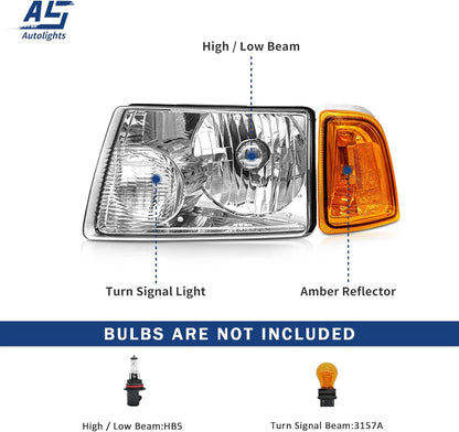 AS For 2001 2002 2003 2004 2005 2006 2007 2008 2009 2010 2011 Ford Ranger Headlight Assembly with Clear Lens Chrome Housing Large Amber Corner Lights Headlamp Replacement Pair