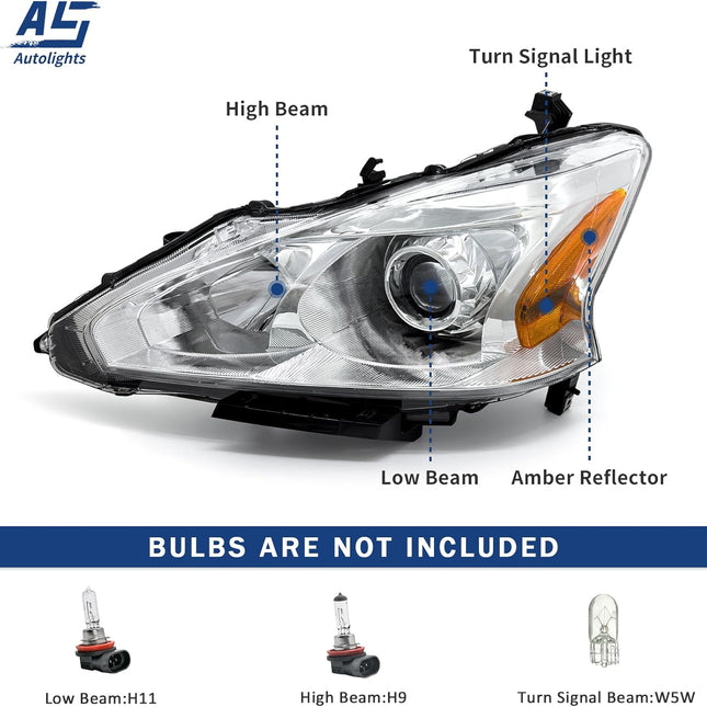AS Headlights Assembly for 2013 2014 2015 Nissan  Altima 4 Door Sedan Clear Lens Chrome Housing with Amber Reflector Passenger and Driver Side