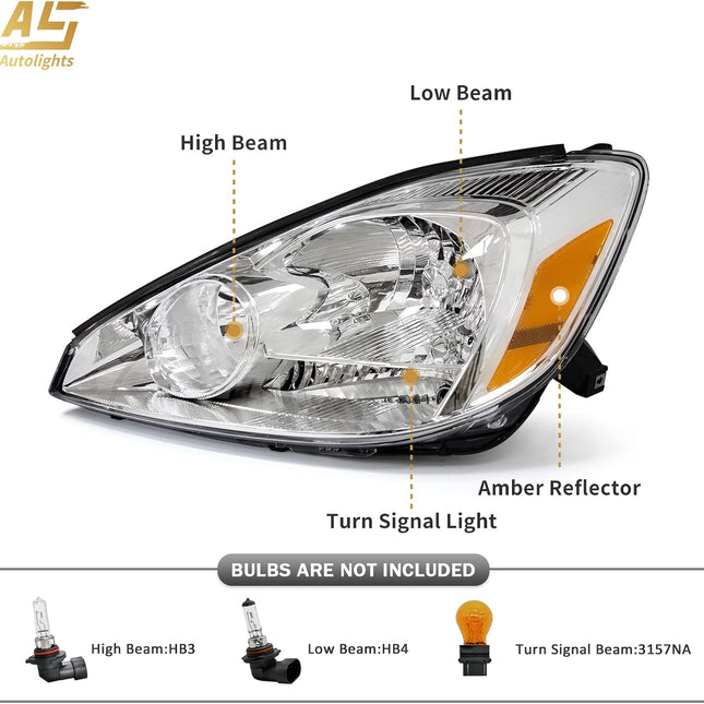 AS Headlight Assembly for 2004 2005 Toyota Sienna Headlights with Chrome Housing Amber Reflector Replacement Driver and Passenger Side