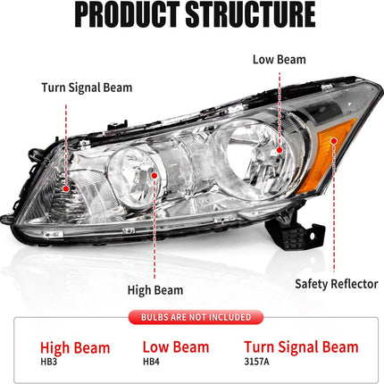 Headlight Assembly for 2008-2012 Honda Accord 4dr Sedan Pair