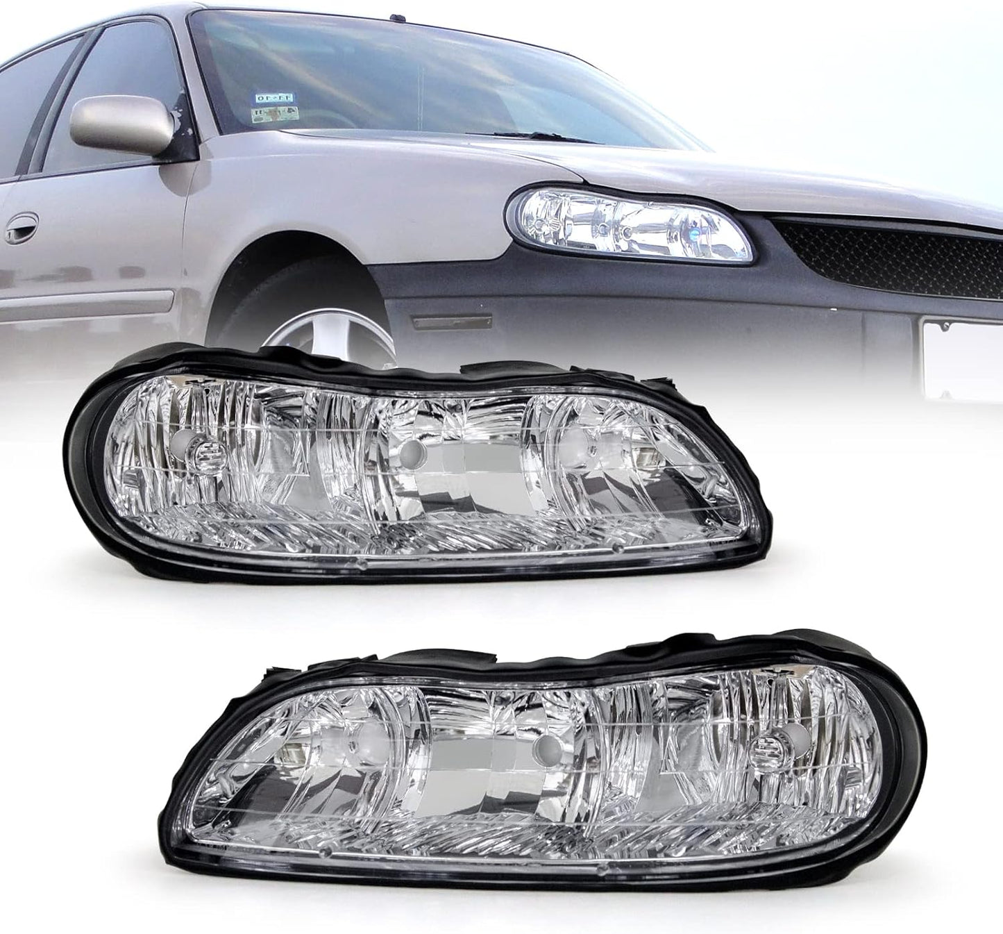 AS Headlight Assembly For 1997-2003 Chevy Malibu /2004-2005 Chevy Classic/1997-1999 Oldsmobile Cutlass Headlights Headlamp Chrome Housing Passenger and Driver Side