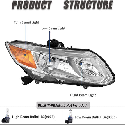 TopAutoGear Headlights Assembly for 2012-2015 Civic Sedan 4-Door Pair Clear Lens Chrome Housing Amber Reflector