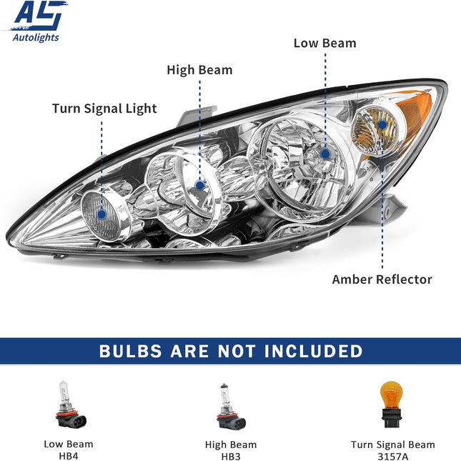 AS Headlights Assembly Compatible with 2005 2006 Toyota Camry Headlamp with Chrome Housing Amber Reflector Driver and Passenger Side (NOT FIT Solara Models)