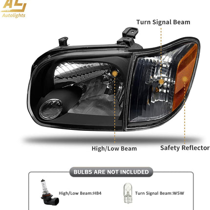 AS Headlight Assembly Compatible with 2005 2006 Toyota Tundra / 2005 2006 2007 Sequoia Clear Lens Black Housing with Amber Reflector Left and Right Pair