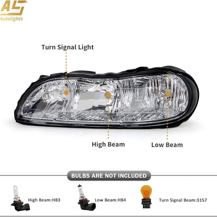 AS Headlight Assembly For 1997-2003 Chevy Malibu /2004-2005 Chevy Classic/1997-1999 Oldsmobile Cutlass Headlights Headlamp Chrome Housing Passenger and Driver Side