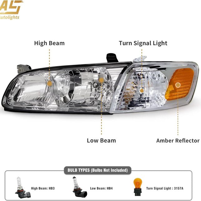 AS Headlight Assembly Compatible with 2000-2001 TOYOTA CAMRY Headlamp Chrome Housing Amber Reflector Clear Lens Driver and Passenger Side