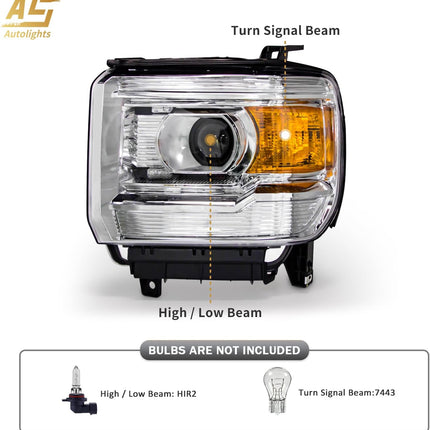 AS Headlight Assembly for 2014-2018 GMC Sierra 1500HD/ 2015-2019 GMC Sierra 2500HD/ 3500HD Base/Denali/SLE/SLT Headlights Without LED Daytime Running lights with Chrome Housing Amber Reflector