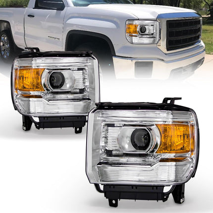 AS Headlight Assembly for 2014-2018 GMC Sierra 1500HD/ 2015-2019 GMC Sierra 2500HD/ 3500HD Base/Denali/SLE/SLT Headlights Without LED Daytime Running lights with Chrome Housing Amber Reflector