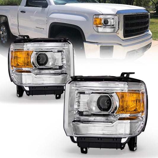 AS Headlight Assembly for 2014-2018 GMC Sierra 1500HD/ 2015-2019 GMC Sierra 2500HD/ 3500HD Base/Denali/SLE/SLT Headlights Without LED Daytime Running lights with Chrome Housing Amber Reflector