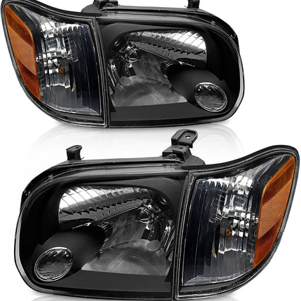 AS Headlight Assembly Compatible with 2005 2006 Toyota Tundra / 2005 2006 2007 Sequoia Clear Lens Black Housing with Amber Reflector Left and Right Pair