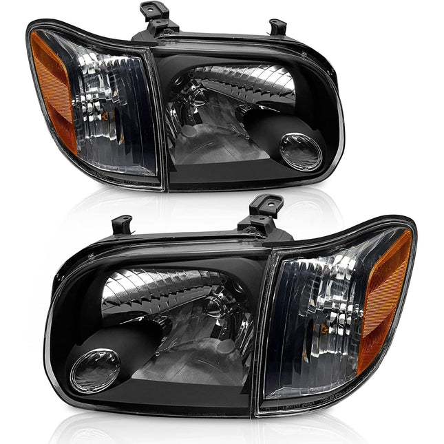 AS Headlight Assembly Compatible with 2005 2006 Toyota Tundra / 2005 2006 2007 Sequoia Clear Lens Black Housing with Amber Reflector Left and Right Pair