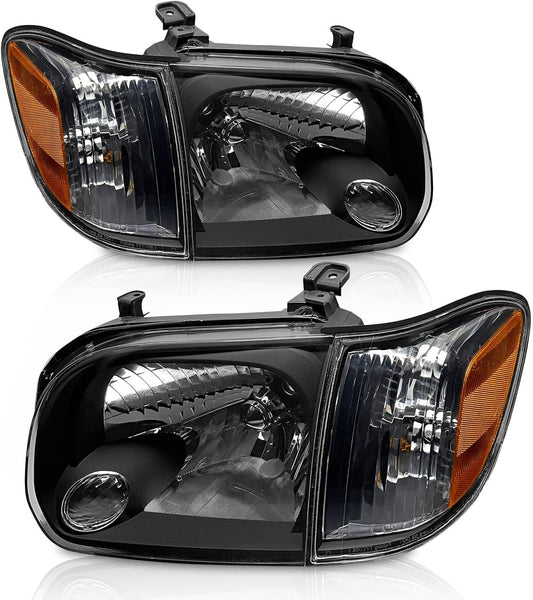 AS Headlight Assembly Compatible with 2005 2006 Toyota Tundra / 2005 2006 2007 Sequoia Clear Lens Black Housing with Amber Reflector Left and Right Pair